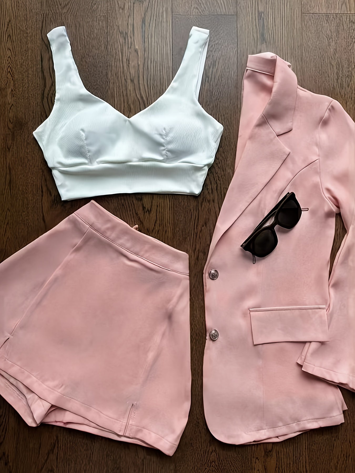 Chic V-Neck Crop Top, Versatile Pants Skirt & Long Sleeve Blazer Three-Piece Set - Polyester Blend, Solid Color, Pockets, Perfect for Spring/Summer, Chic Outfit