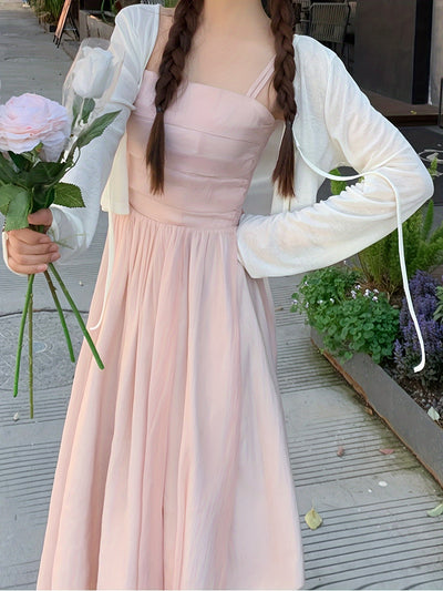 Korean-style Trendy Design Temperament Slimming Dating Vacation Pink Body-hugging Dress with Suspenders And Halter Neck