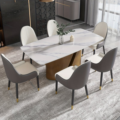 Modern Marble Dining Table for 6-8(Chairs Not Included), 63" White Rectangle Dining Table, Luxury Sintered Stone Dining Tabletop with Bronze Carbon Steel Pedestal Dinner Table for Kitchen Dining Room