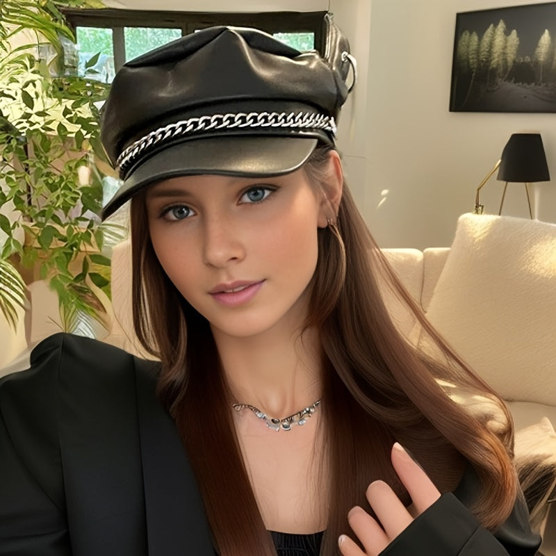 Women's Faux Leather Devil Horns Beret Cap, Korean Street Style, Non-Stretch, Waterproof, Knitted, PU Leather, Fall/Winter Fashion Accessory