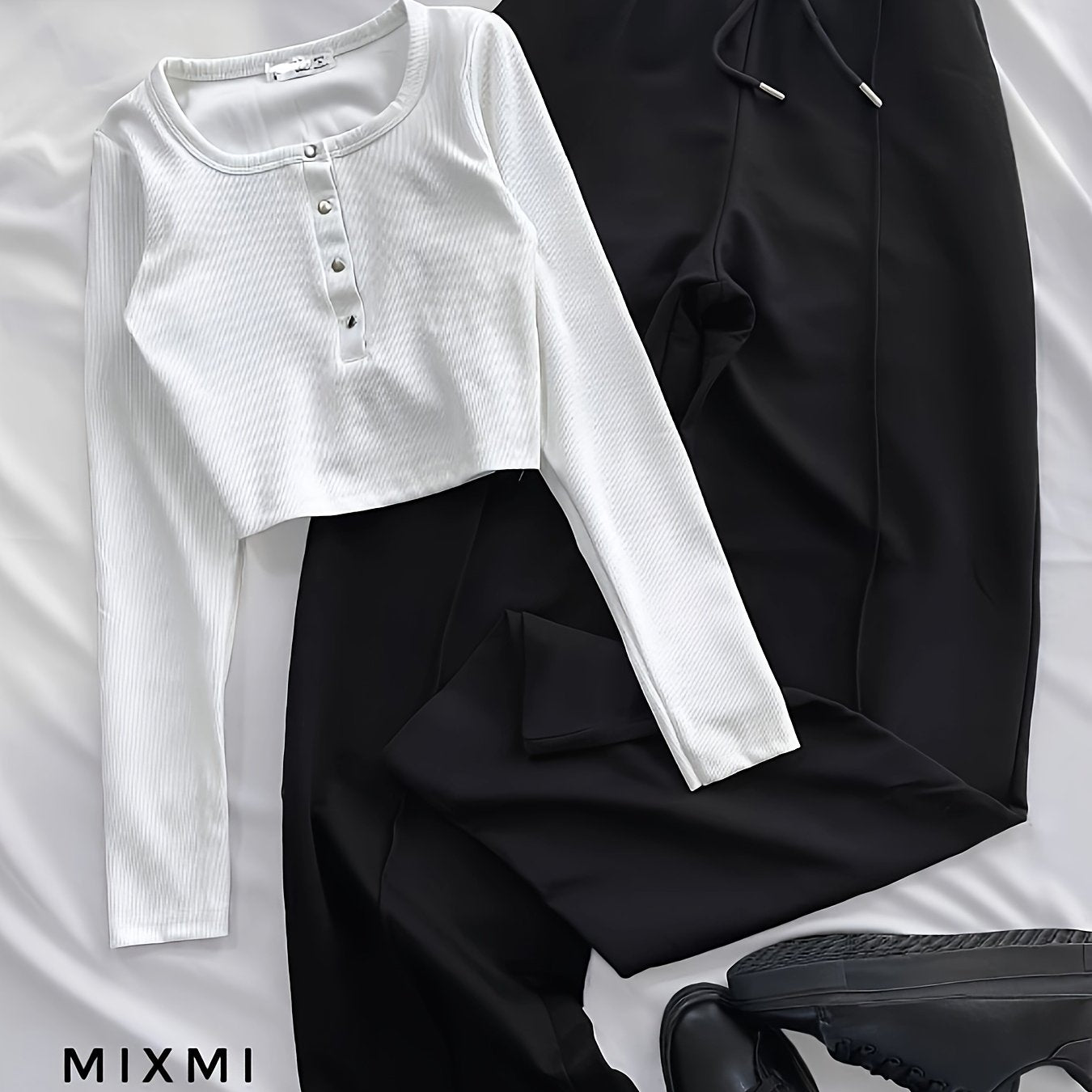 Casual Stretch Slim Fit Crew Neck Button Pullover T-Shirt + Elastic Waist Wide Leg Pants Long Set