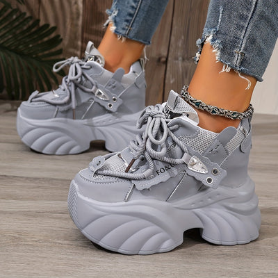 Women'S Chunky Platform Sneakers - Lightweight Low-Top Lace-Up Shoes with Thick Cushioned Sole, Breathable Fabric & Synthetic Cover Upper, All-Season Comfort for Casual & Formal Outfits, Chunky Shoes, Casual Footwear, Durable