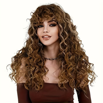 24" Heat Resistant Synthetic Body Wave Curly Wig with Bangs