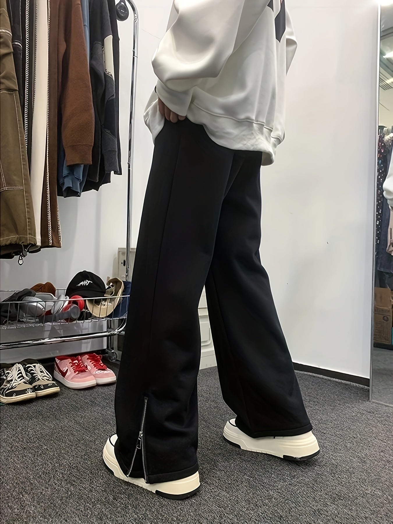 Men'S Casual Straight Leg Pants with Side Zipper, All-Season Korean Style Loose Fit, Slimming Polyester 100% Woven Fabric, 160gsm Lightweight, Regular Length, for Teens - Vibe American Trendy Split Ankle Trousers