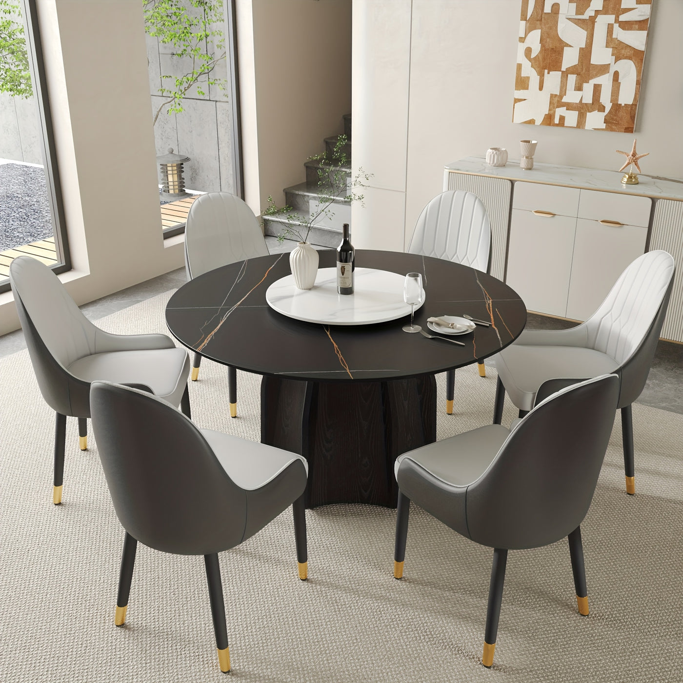Modern Black Marble Round Dining Table with Lazy Susan - Glossy Sintered Stone Finish, Unique Metal Legs, Seats 4-6, Perfect for Kitchen or Dining Room, Elegant and Functional Design