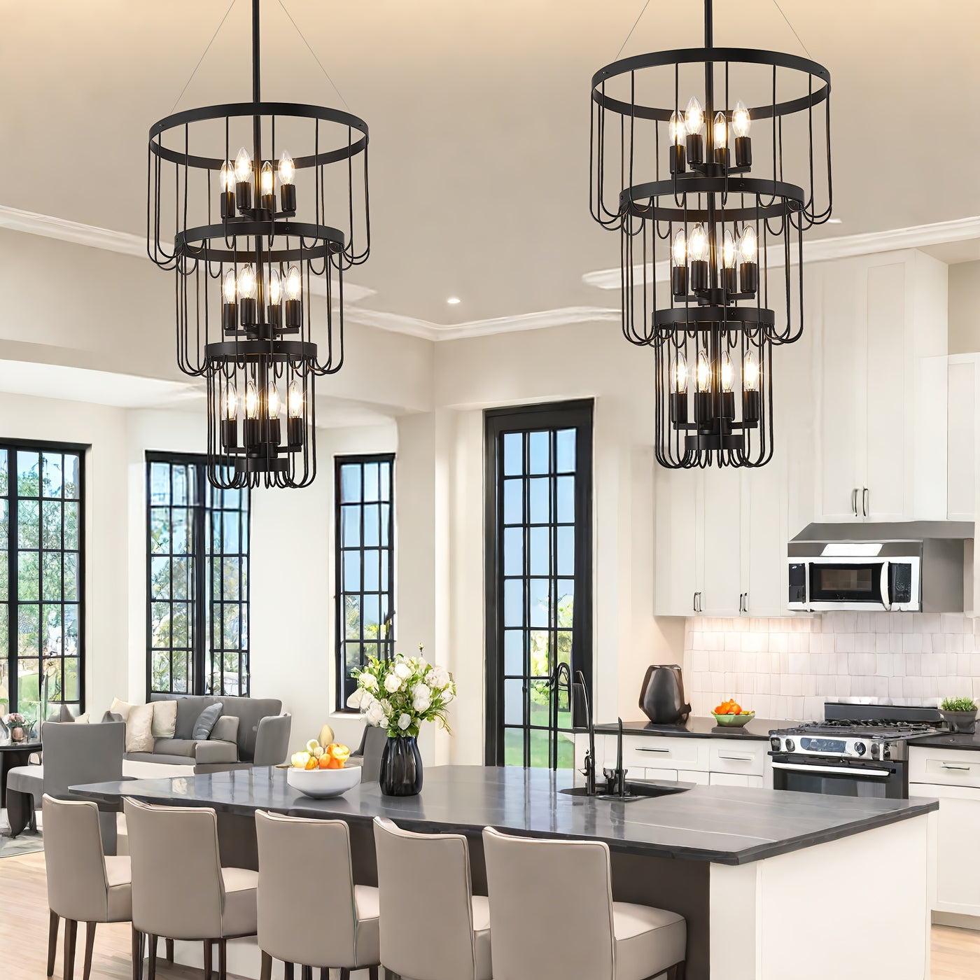 18 Inch Farmhouse Chandelier - 12-Light Adjustable Tiered Pendant Light Fixture, Black & Golden Modern Rust-Resistant Metal Lantern for Entryway, Staircase, Foyer, Dining Room - Semi-Flush Mount, E12 Bulb Compatible (Bulbs No
