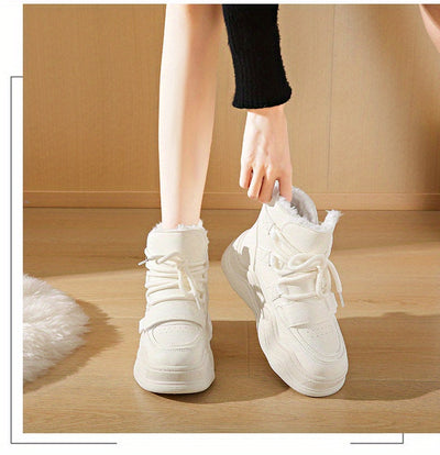 2024 Winter Fleece-Lined White Sneakers - Korean Style Insulated Women'S High-Top Lace-Up Shoes, Thick-Soled Casual & Sports Shoes with PU Upper, Rubber Sole, and Breathable Fabric Lining for Cold Weather Comfort, Casual Foot