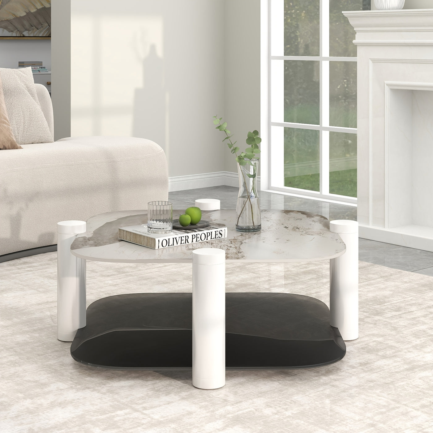 35.4 Inches Coffee Table, 2-layer Storage Space, Round Decorative Table, Rock Board And Glass Can Be Freely Matched, Suitable For Living Room, Bedroom, Small Space