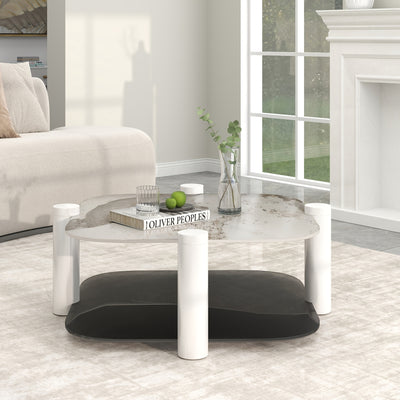 35.4 Inches Coffee Table, 2-layer Storage Space, Round Decorative Table, Rock Board And Glass Can Be Freely Matched, Suitable For Living Room, Bedroom, Small Space