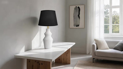 Modern Farmhouse Table Lamp with White Cement Base & Black Linen Shade - Rustic Single Bedside Lamp with Switch, Sturdy for Bedroom, Living Room, Office - Compatible with E27 (Bulb Not Included) - Ideal Housewarming Gift, Min