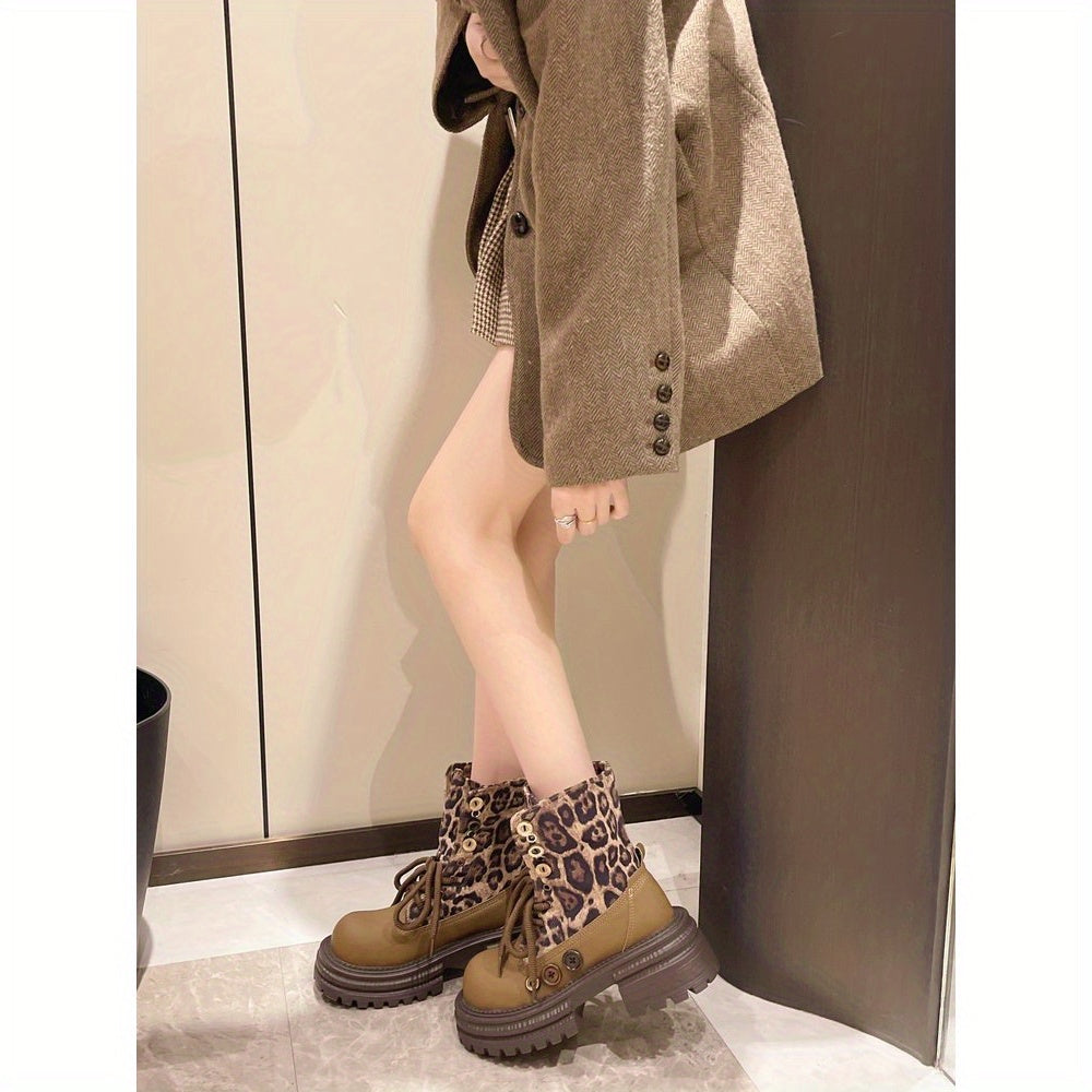 Women's Chunky Platform Lace-Up Boots - Non-Slip Rubber Sole, Round Toe Ankle Boots for Everyday & Formal Outfits - Brown & Black Leopard print boots (Faux Cover/Fabric Upper) - All-Season Casual Shoes, Stylish Footwear, Stur