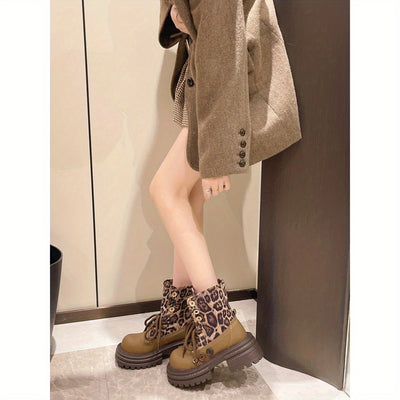 Women's Chunky Platform Lace-Up Boots - Non-Slip Rubber Sole, Round Toe Ankle Boots for Everyday & Formal Outfits - Brown & Black Leopard print boots (Faux Cover/Fabric Upper) - All-Season Casual Shoes, Stylish Footwear, Stur