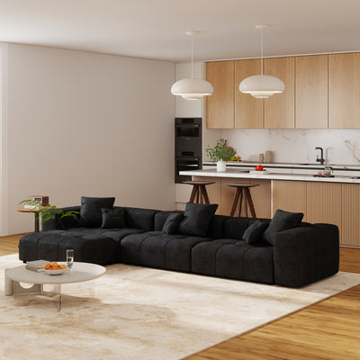 144" Modern White Linen Modular Sectional Sofa with 2 Ottomans - 3-Seater L-Shaped or U-Shaped Configurations, Plush Cushioned Deep Seat, Hardwood Frame & Chenille Fabric, Removable Washable Cover, Neutral-Toned Living Room C