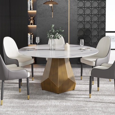 Round Dining Table(Chairs Not Included) - Marble Dining Room Table Round Kitchen Table For 6 To 8, Glossy Sintered Stone Tabletop With Solid Metal Diamond Shape Base, Circle Dining Table For Kitchen