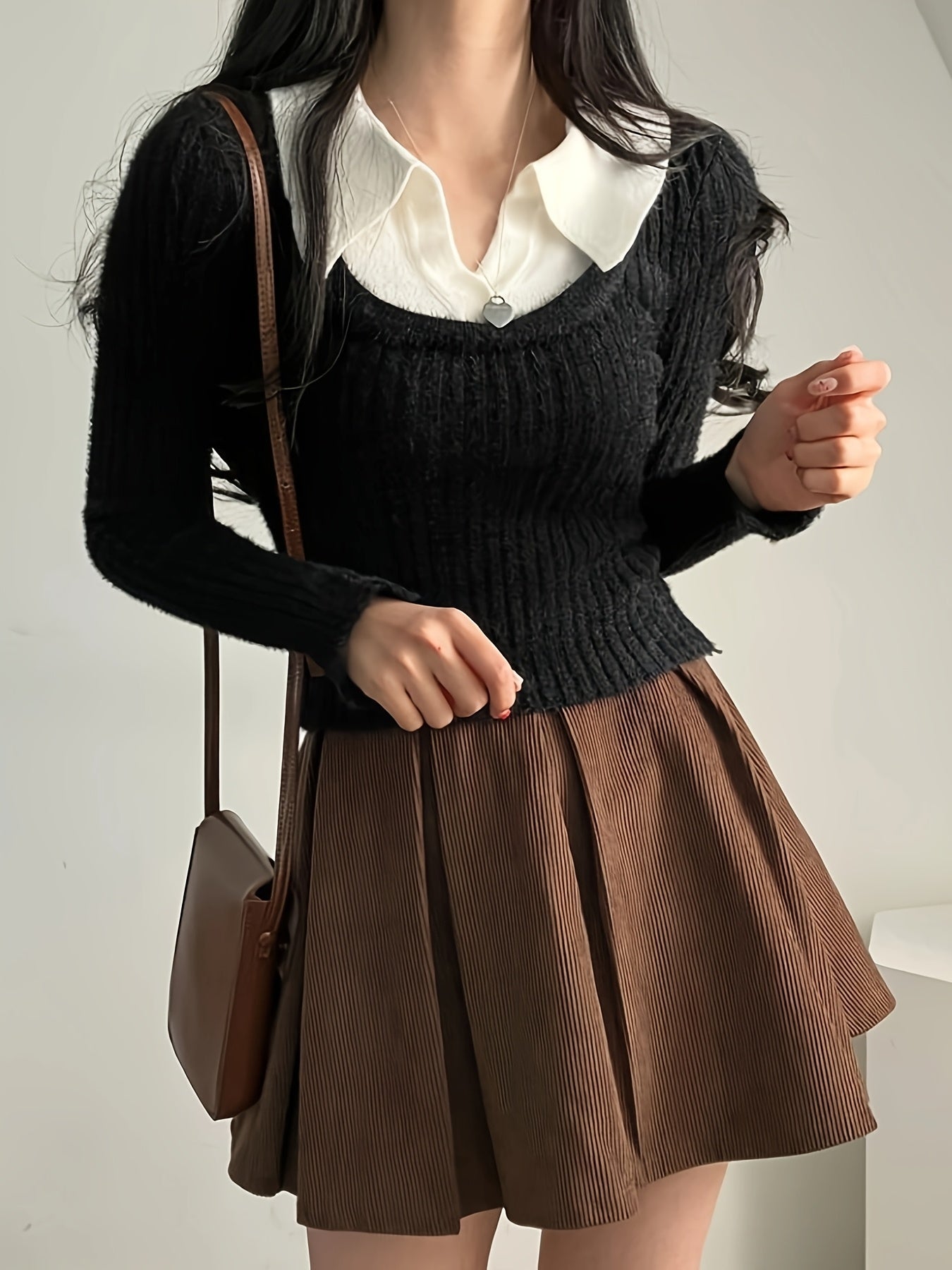 Korean Chic Autumn And Winter Design Unique Faux Two-Piece Large Collar Knitted Sweater for Women