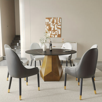 Round Dining Table(Chairs Not Included) - Marble Dining Room Table Round Kitchen Table For 6 To 8, Glossy Sintered Stone Tabletop With Solid Metal Diamond Shape Base, Circle Dining Table For Kitchen