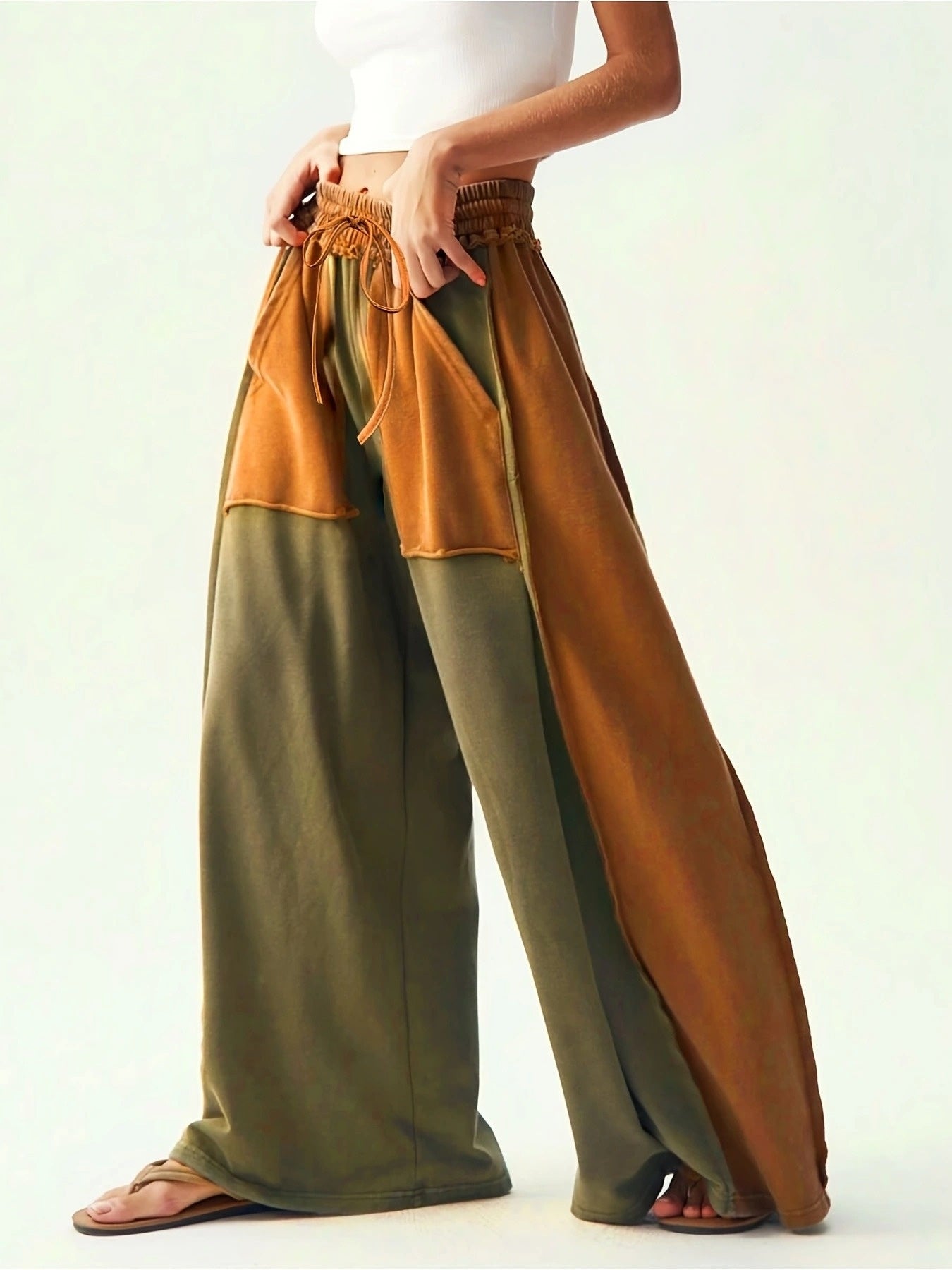 High-Waisted Wide-Leg Pants with Two-Tone Patchwork