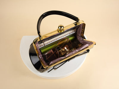 [Elegant Handbag] High Quality Lacquered Handbag | 2024 Autumn New Korean Polka Dot for Women - Kiss Lock Closure, Removable Shoulder Strap & Bow Detail, Glossy Patent Look (Black/White, Bronze, Pink & White) - Perfect for We