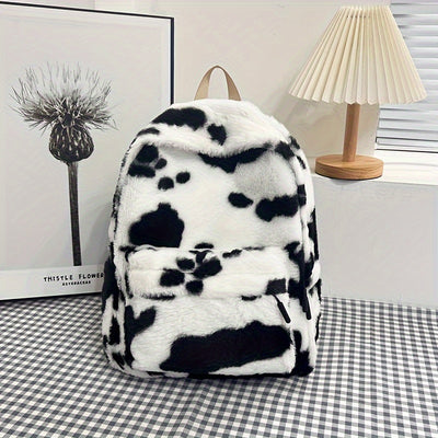 Women'S Cow Print Fleece Backpack, Korean Style Casual Shoulder Bag, Polyester Lining, Adjustable Straps, Zip Closure, Lightweight, Random Print, Versatile for School & Outings