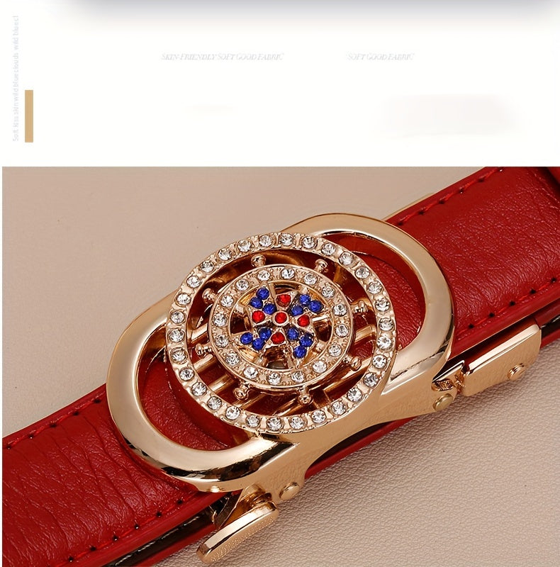 Ladies Leather Belt Leather Automatic Button Leather Fashion Korean Version Of The New Green Jeans Belt With White Decoration