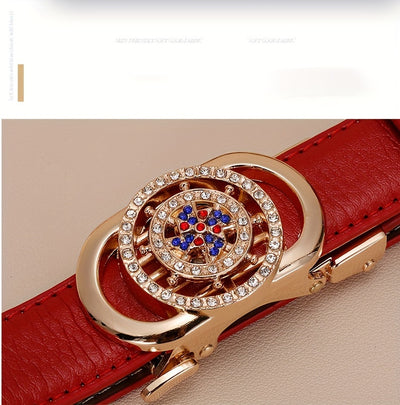 Ladies Leather Belt Leather Automatic Button Leather Fashion Korean Version Of The New Green Jeans Belt With White Decoration