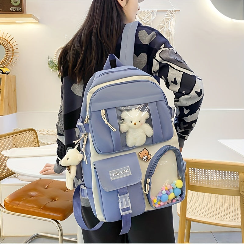 New Five-piece Backpack Korean Version Of The School Bag Women's Lightweight Harajuku Ins Casual Backpack Cute Bear Pendant Backpack