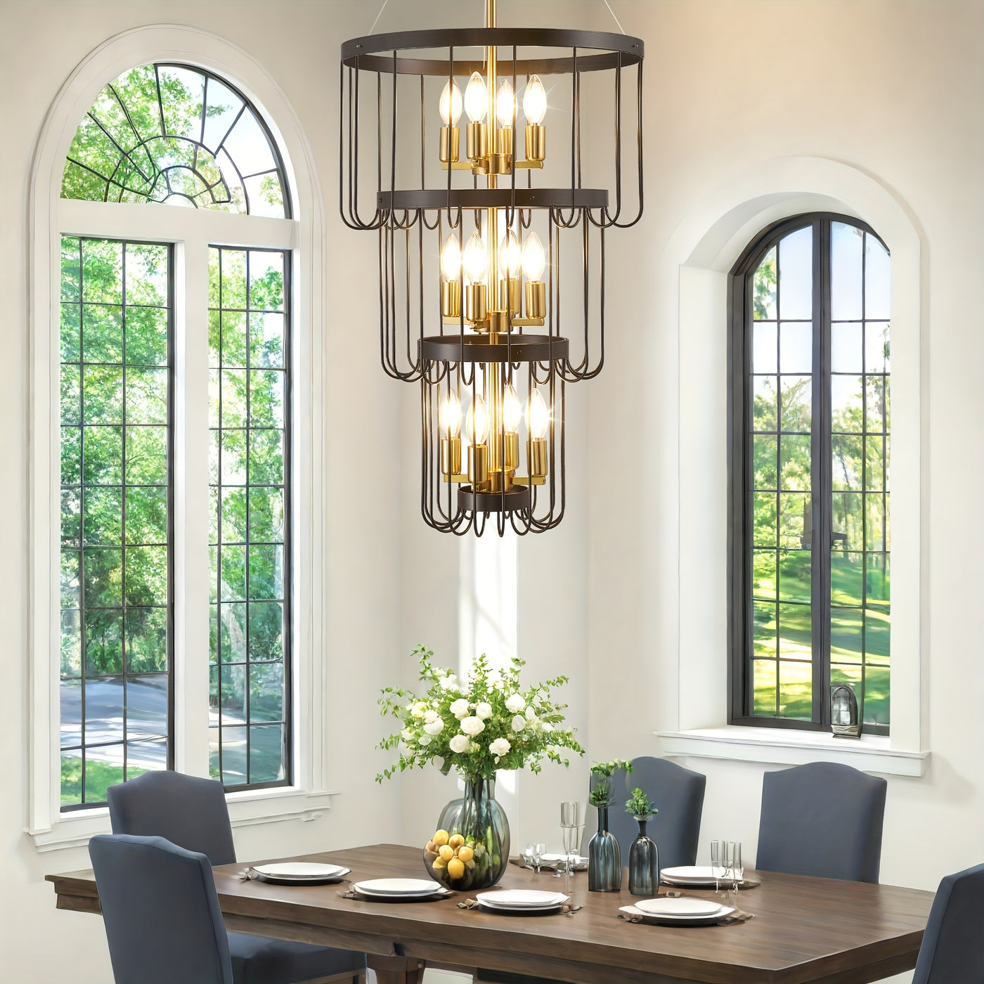 18 Inch Farmhouse Chandelier - 12-Light Adjustable Tiered Pendant Light Fixture, Black & Golden Modern Rust-Resistant Metal Lantern for Entryway, Staircase, Foyer, Dining Room - Semi-Flush Mount, E12 Bulb Compatible (Bulbs No