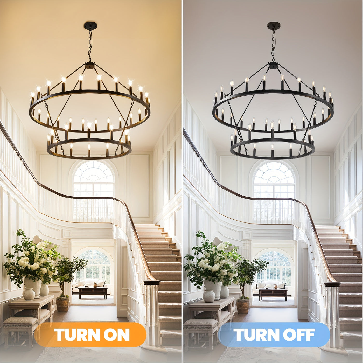 Modern Farmhouse Chandelier 2 Tier Round Wheel Chandelier Large High Ceiling Light.