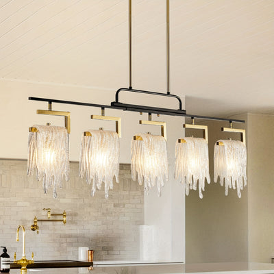 Dining Room Light Fixture/Chandelier Over Table, 5-Light Kitchen Island Lighting, Hanging For Farmhouse Linear Chandeliers, Black And Golden Ceiling Pendant Light Fixtures, With Glass Shade