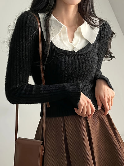 Korean Chic Autumn And Winter Design Unique Faux Two-Piece Large Collar Knitted Sweater for Women