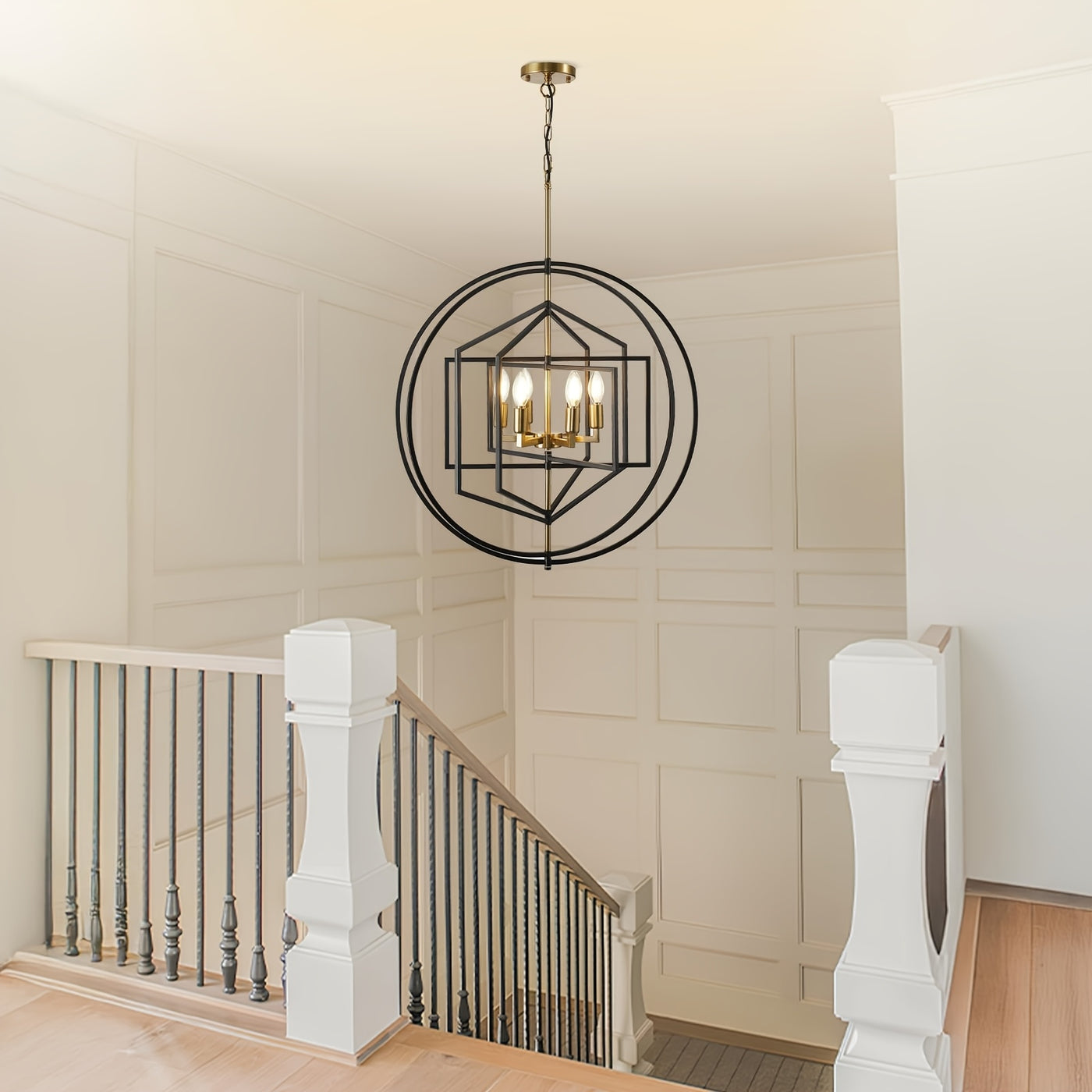 26" Farmhouse Chandelier, 6 Light Black And Golden Chandelier, Large Chandeliers For High Ceilings, Round Pendant Lights For Living Room, Staircase