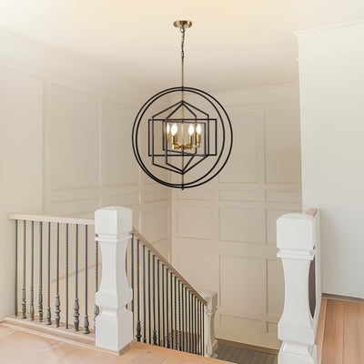26" Farmhouse Chandelier, 6 Light Black And Golden Chandelier, Large Chandeliers For High Ceilings, Round Pendant Lights For Living Room, Staircase