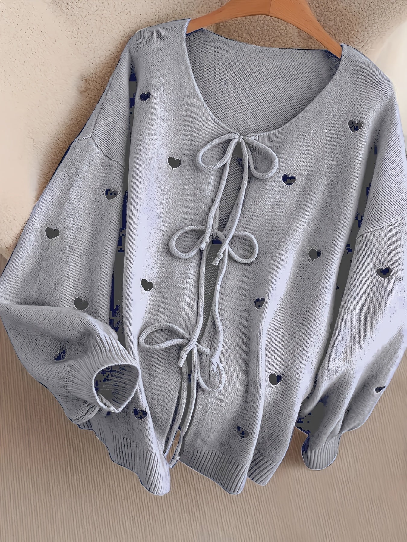 Women'S Soft Pink Sweater - Pastel Pink Cardigan with Front Tie-Waist, Heart Pattern, Boat Neck Longline Blouse for Fall/Winter Layering - Cozy Chic Sweater for Everyday Formal Outfits, Cute Sweaters, Winter Wardrobe, Feminin