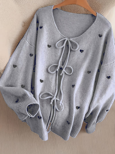 Women'S Soft Pink Sweater - Pastel Pink Cardigan with Front Tie-Waist, Heart Pattern, Boat Neck Longline Blouse for Fall/Winter Layering - Cozy Chic Sweater for Everyday Formal Outfits, Cute Sweaters, Winter Wardrobe, Feminin