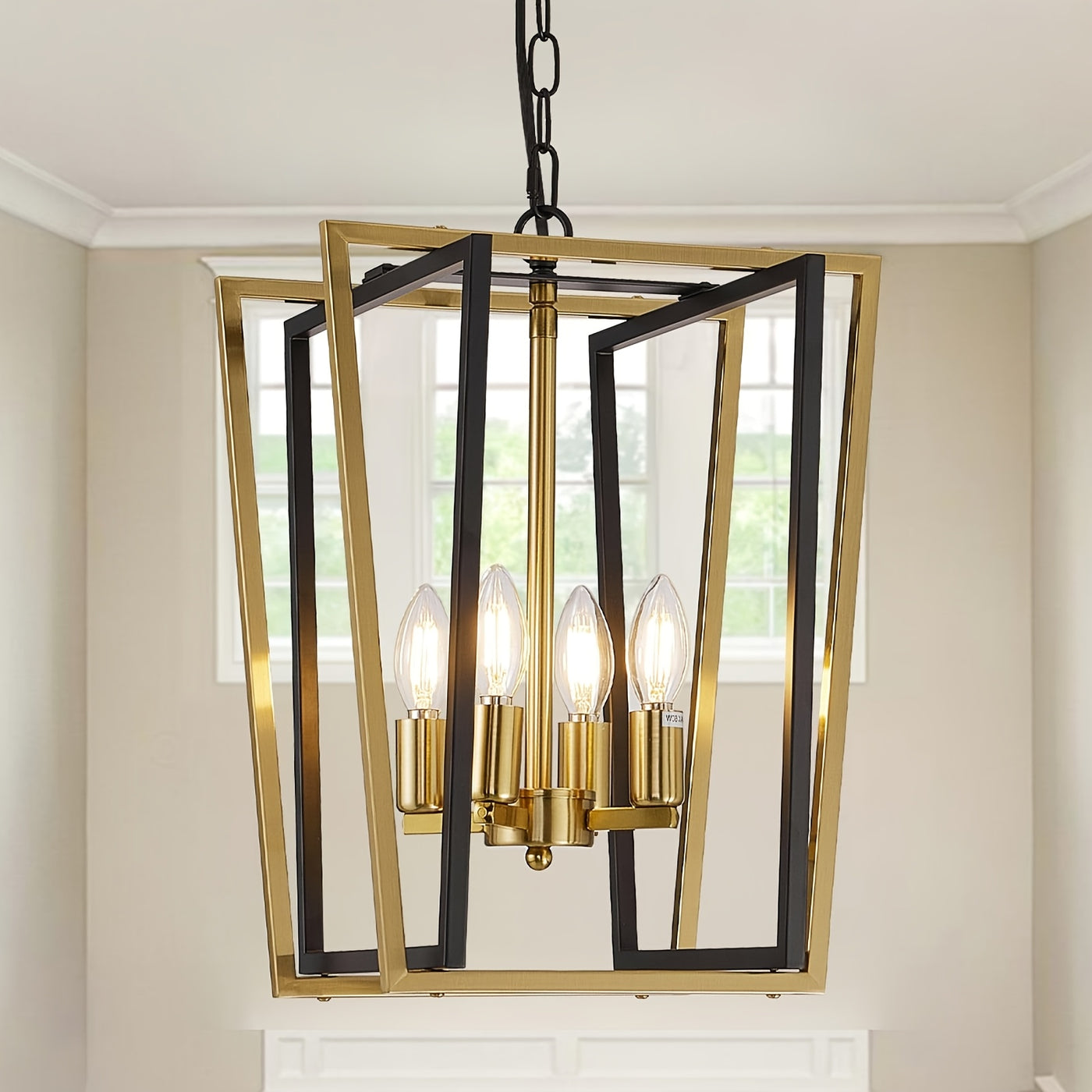 4-Light Adjustable Height Chandelier, Modern Farmhouse Geometric Metal Pendant Light Fixture with Polished Golden Finish & Rust-Resistant Powder Coating, E12 Base for Kitchen Island, Entryway, Foyer, Dining Room, Chandeliers