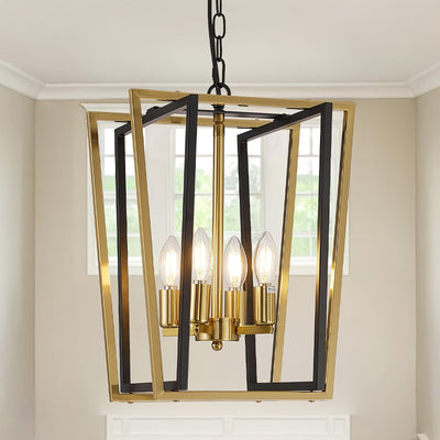 4-Light Adjustable Height Chandelier, Modern Farmhouse Geometric Metal Pendant Light Fixture with Polished Golden Finish & Rust-Resistant Powder Coating, E12 Base for Kitchen Island, Entryway, Foyer, Dining Room, Chandeliers