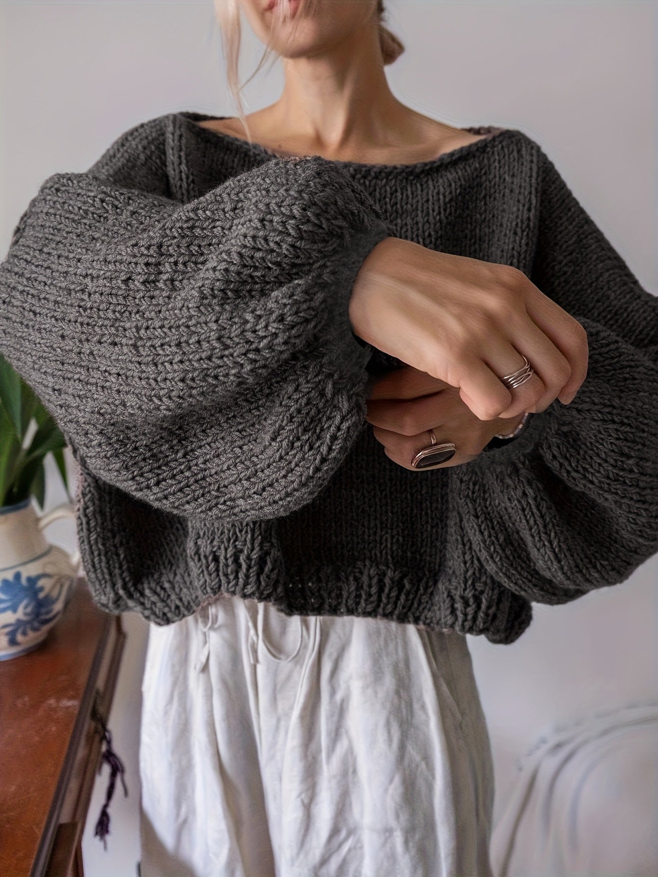 Elegant Gray Sweater with Puff Sleeves