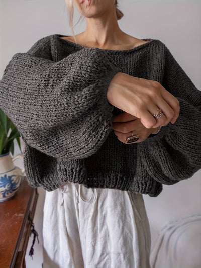Elegant Gray Sweater with Puff Sleeves