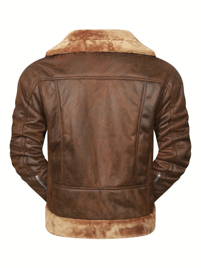 Men's Slim Fit Jacket with Faux Fur Trim - Casual Brown Zip-Up Coat, Long Sleeve, Polyester Blend for Casual Attire