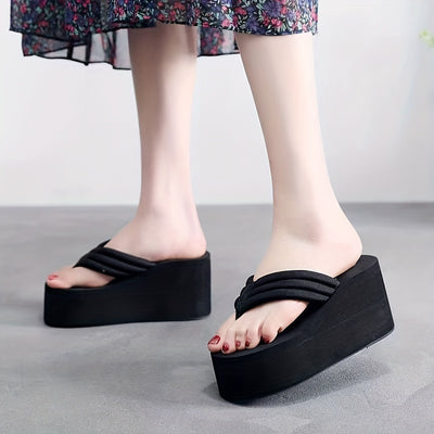 Women's Wedge Flip Flops, Fashionable Black Platform Heeled Slide Shoes, Summer Outdoor Beach Slides