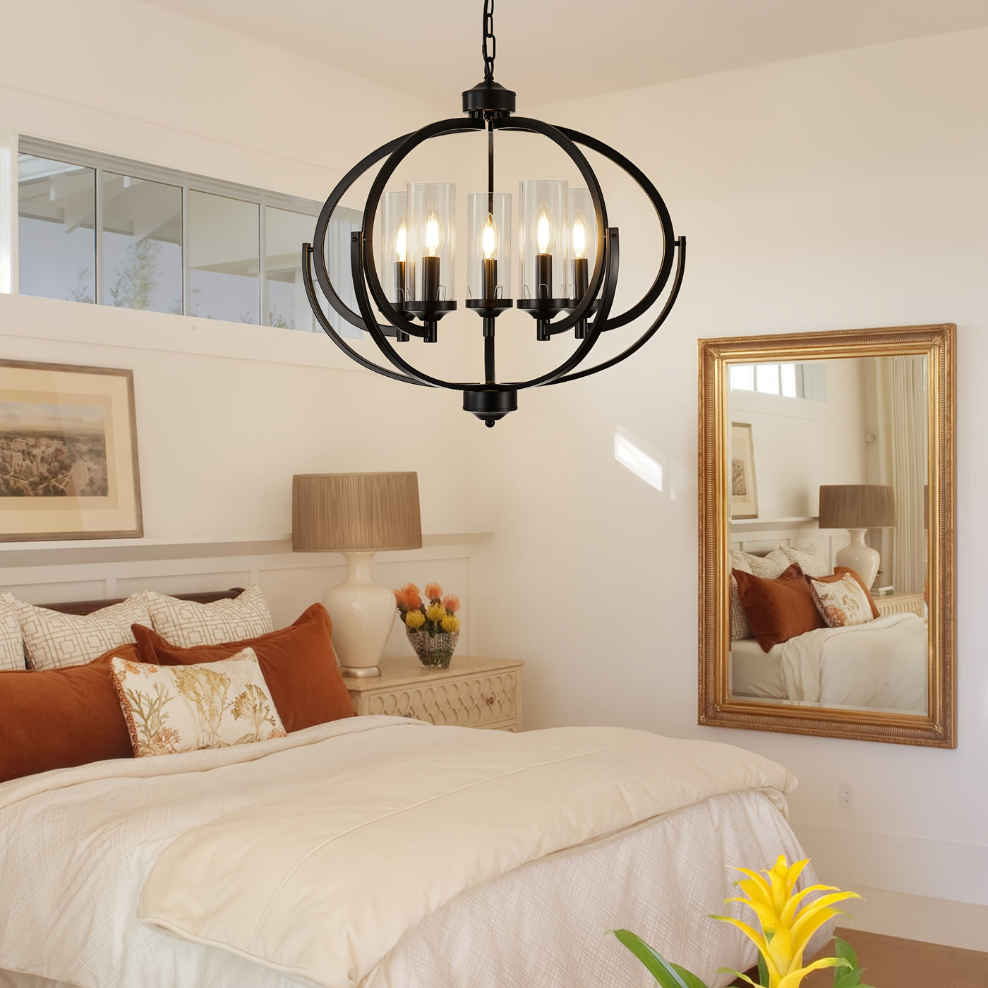 5-Light Black And Golden Chandelier, 24" Farmhouse Dining Room Light Fixture, Adjustable Hanging Ceiling Lantern Pendant Light, with Glass Shade Globe Chandeliers, for Kitchen, Bedroom, Foyer, Chandelier For Dining Room, Chan