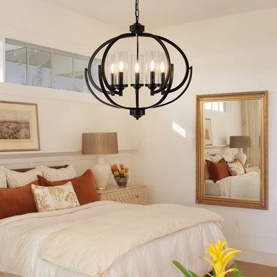 5-Light Black And Golden Chandelier, 24" Farmhouse Dining Room Light Fixture, Adjustable Hanging Ceiling Lantern Pendant Light, with Glass Shade Globe Chandeliers, for Kitchen, Bedroom, Foyer, Chandelier For Dining Room, Chan