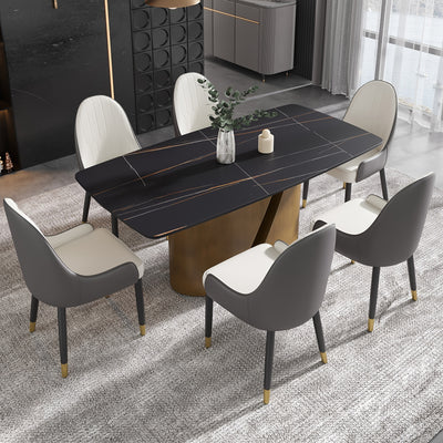 Modern Marble Dining Table for 6-8(Chairs Not Included), 63" White Rectangle Dining Table, Luxury Sintered Stone Dining Tabletop with Bronze Carbon Steel Pedestal Dinner Table for Kitchen Dining Room