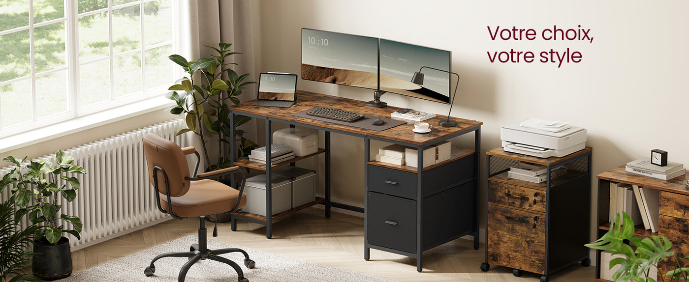 Computer Desk, 3 Shelves, 2 Drawers, 60 x 140 x 76 cm, Rustic Brown and Black/Natural Oak and Pearl White Color