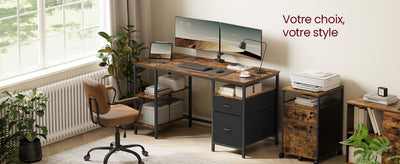 Computer Desk, 3 Shelves, 2 Drawers, 60 x 140 x 76 cm, Rustic Brown and Black/Natural Oak and Pearl White Color