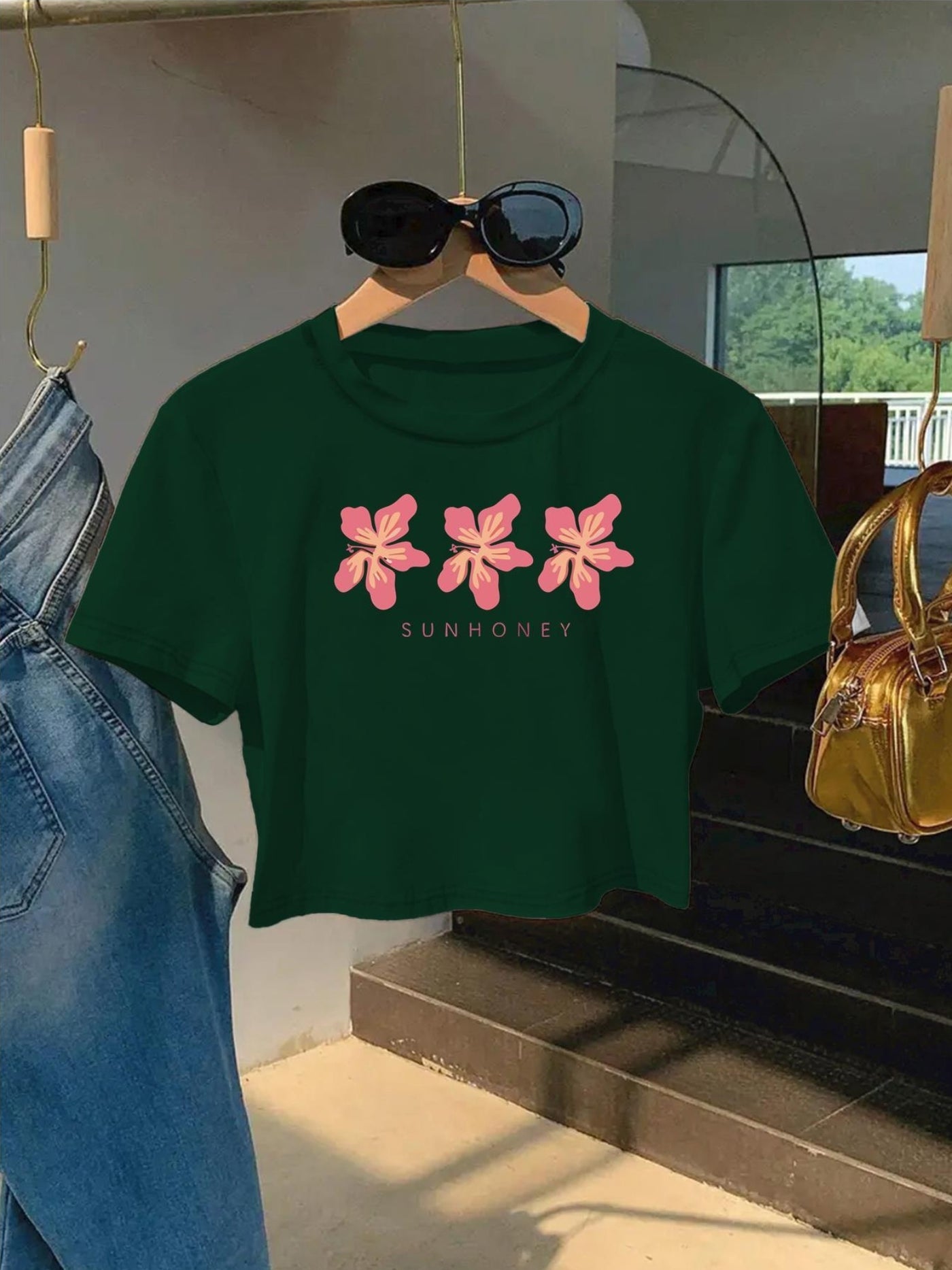 Women'S Floral Print Crop Top T-Shirt - "SUNHONEY" Design with Pink Butterflies, Casual Round Neck Short Sleeve Tee, Lightweight Polyester, Machine Washable, Perfect for Spring/Summer Outfits, Spring Fashion Top | Butterfly P