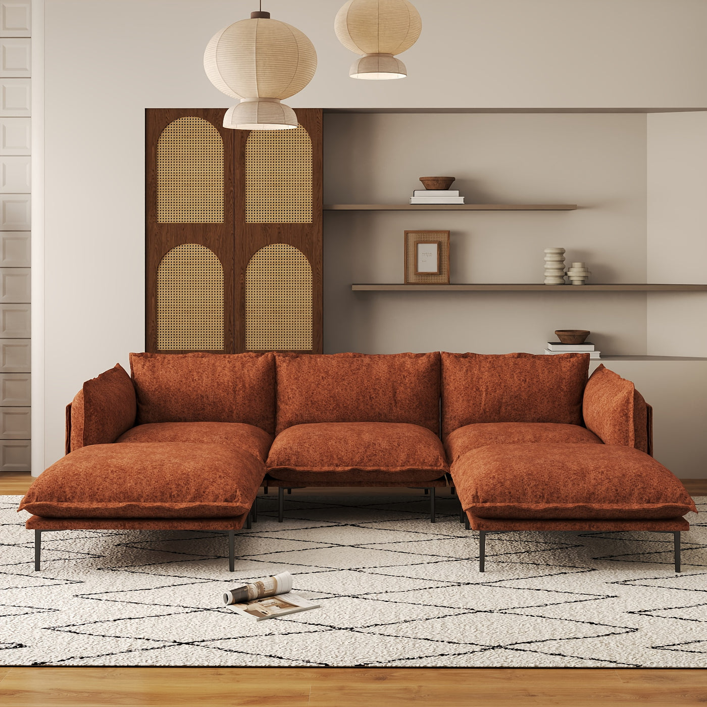 Modern Minimalist Upholstered Couches, U Shape Cloud Modular Sectional Sofa with 2 Ottoman, Comfort Deep Seat U Shaped Couch for Living Room
