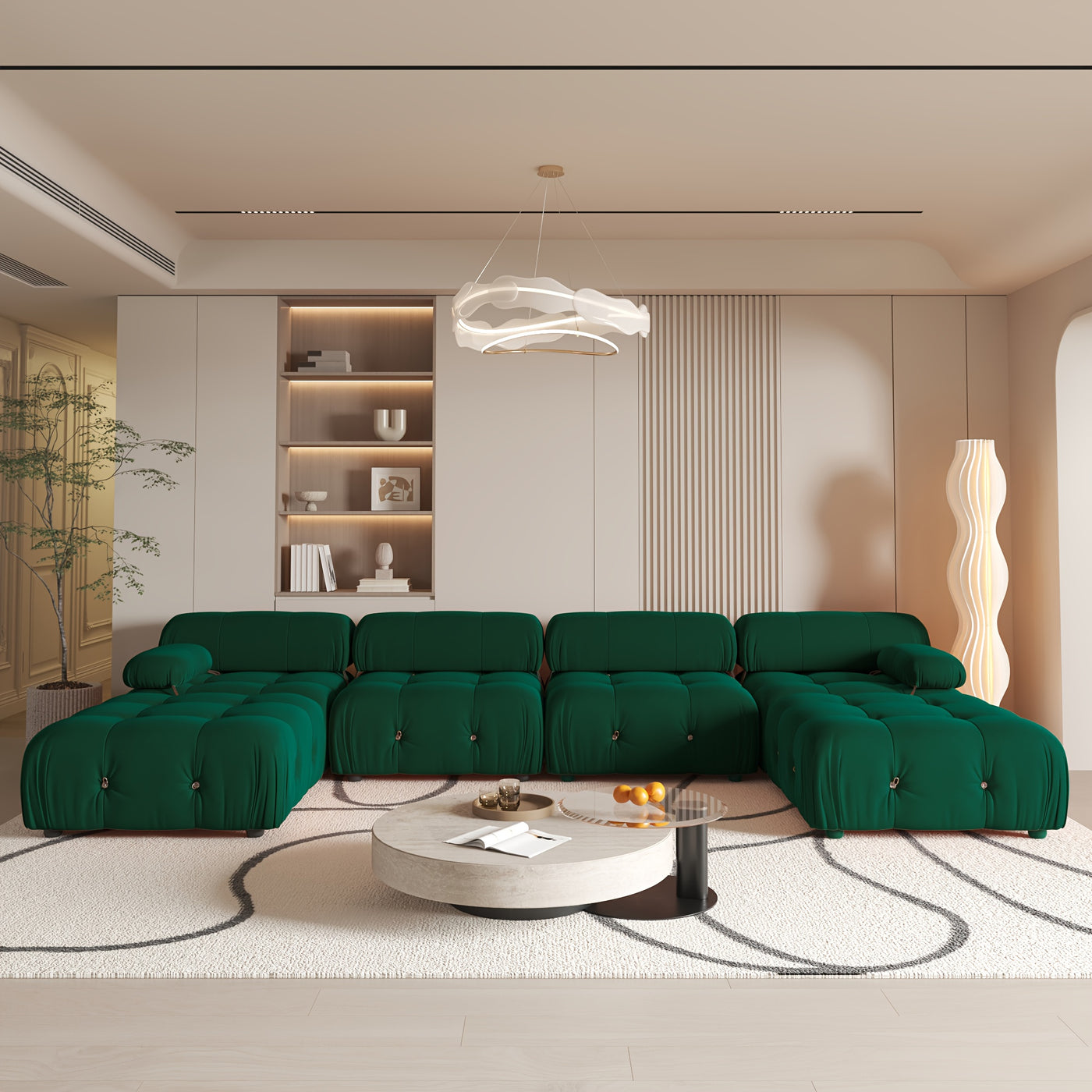 U-Shaped Minimalist Velvet Sofas, 138.6" Convertible Modular Sectional Couch, Modern Comfy Sectional Couches with 2 Chaise Ottomans for Living Room Office Apartment
