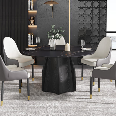 Modern Black Marble Round Dining Table with Lazy Susan - Glossy Sintered Stone Finish, Unique Metal Legs, Seats 4-6, Perfect for Kitchen or Dining Room, Elegant and Functional Design