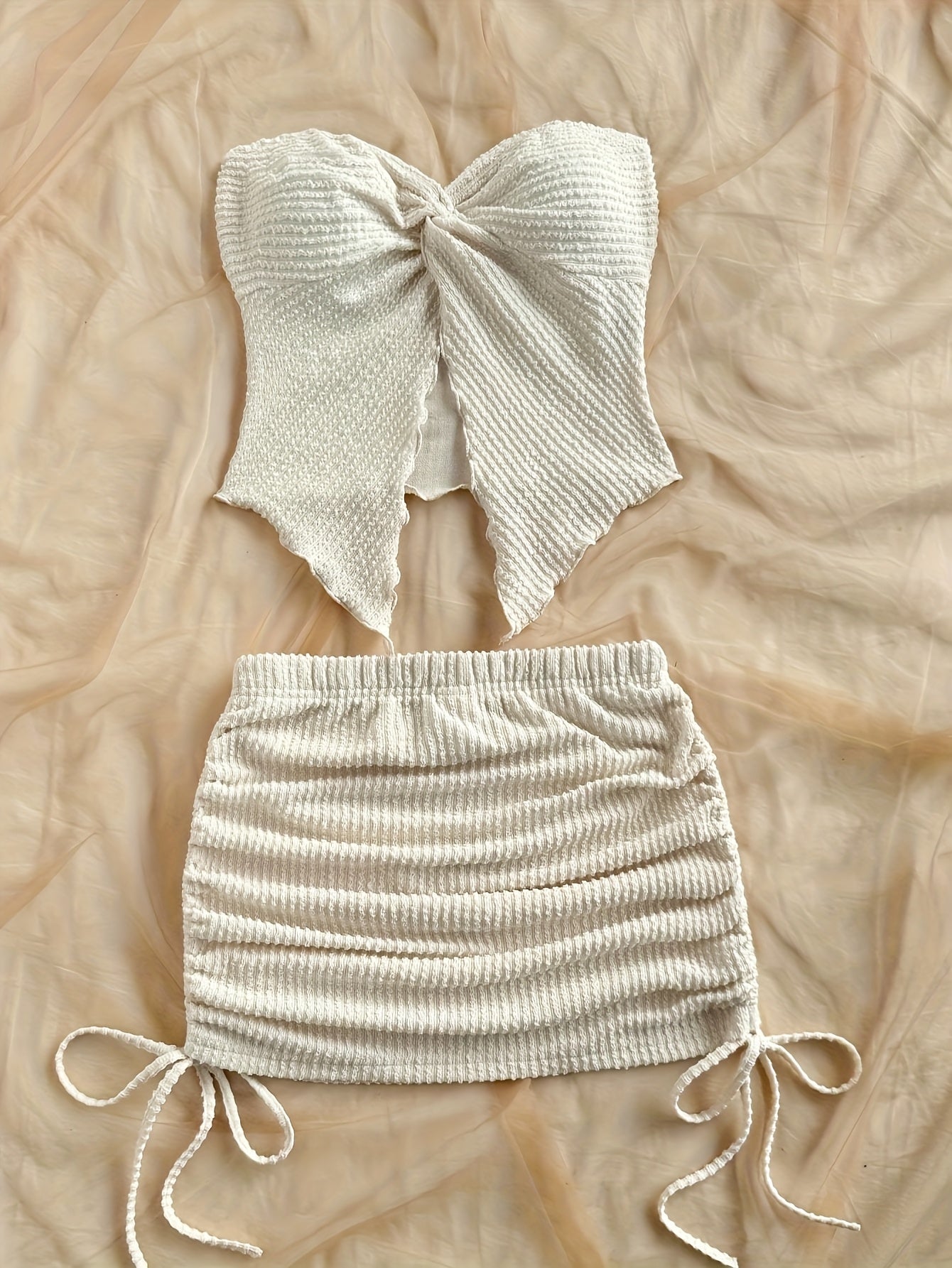 Solid Color Twist Strap Top and Side Drawstring Mini Skirt Set